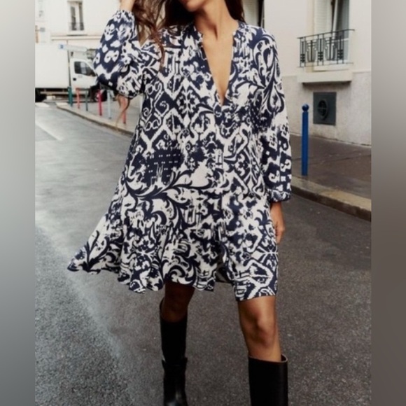 NWT Zara Bohemian Tunic Dress, oversized/flowy fit. Blue white. Sz Medium - Picture 5 of 6